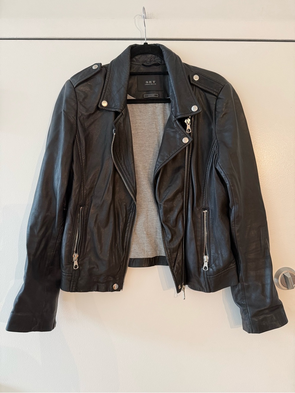 SET Black Leather Moto Jacket